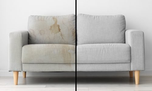 Sofa before and after dry-cleaning in room