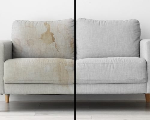 Sofa before and after dry-cleaning in room